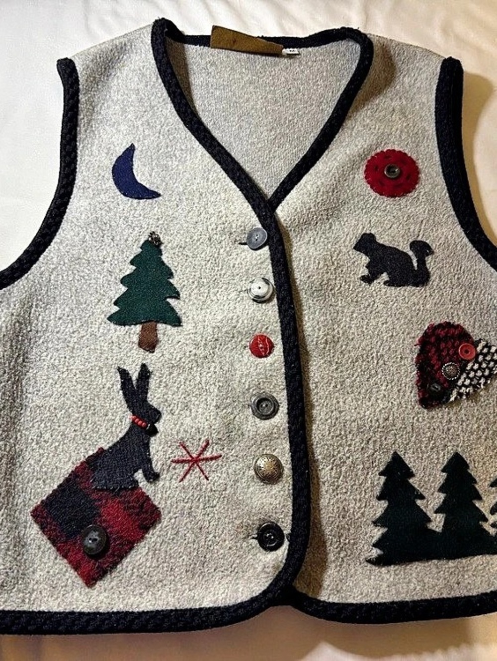 Lands' End Embellished Wool-Style Vest Gray & Black Size Medium